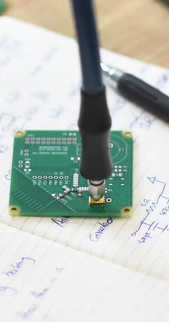 An RF circuit board with an antenna under test on a notebook of hand-drawn impedance-matching calculations in the BLINKENLIGHT lab